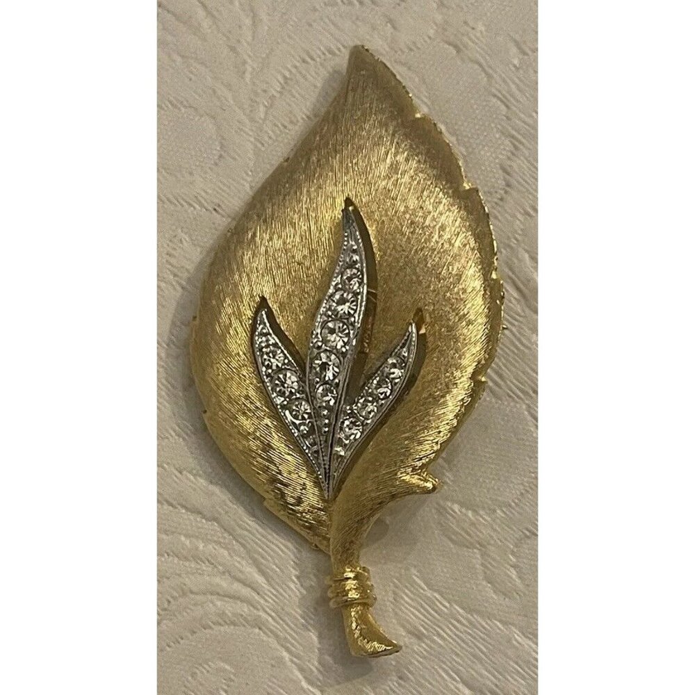 Vintage Brooch JJ JONETTE RHINESTONES GOLD SILVER LEAF PIN